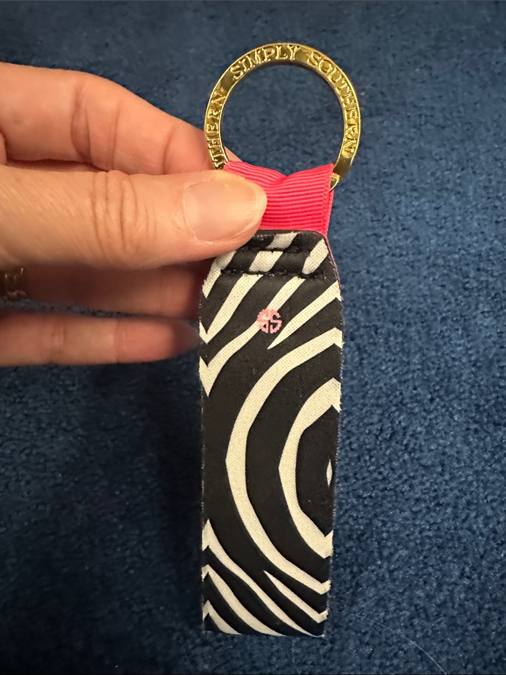 Simply Southern Black & White Zebra Key Fob/Chapstick Holder with Pink Accent.